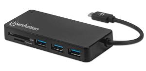 USB-C Male to Three USB-A Females and SD/MicroSD Card Reader, 5 Gbps Transfer Speeds, Bus Powered, Black