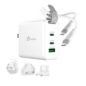 3 Port Traveler Charger - 65w Gan - 2x USB-c/ 1x USB Type-a F/F - Changeable Ac Plugs And USB-c Cable